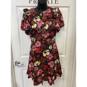 Cinq A Sept Fit & Flare Crystal Dress 0 Floral Ruffle Neck Mini 100% Silk Garden